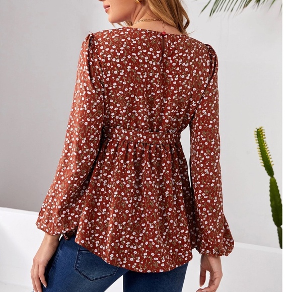 Maternity Rust Brown Floral Print Belted Long Sleeve Blouse - Picture 2 of 9